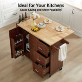 Bayfeve Retro Brown Rolling Kitchen Island with Drop Leaf Countertop, with Storage Cabinet and Tower Rack
