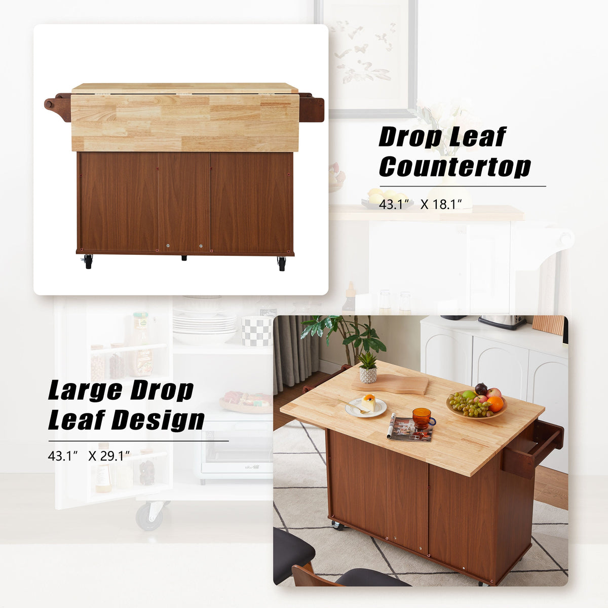 Bayfeve Retro Brown Rolling Kitchen Island with Drop Leaf Countertop, with Storage Cabinet and Tower Rack
