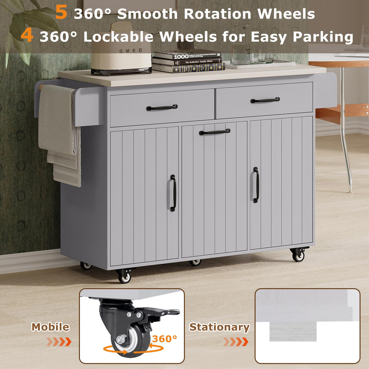 Bayfeve Kitchen Island with Trash Can Storage Cabinet, Kitchen Cart with Drop Leaf, Spice Rack, Towel Rack and Drawer, Rolling Kitchen Island on Wheels with Adjustable Shelf, Grey