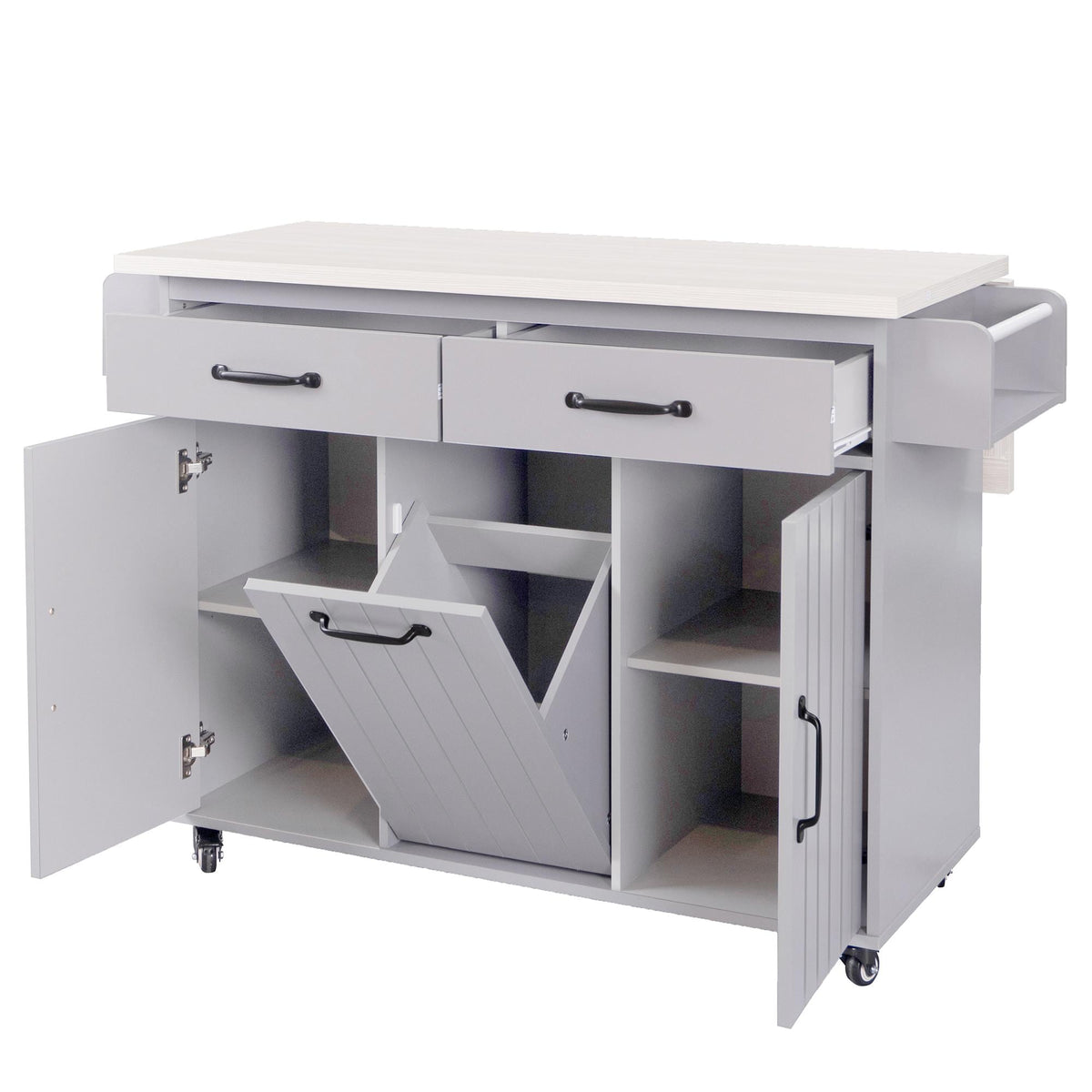 Bayfeve Kitchen Island with Trash Can Storage Cabinet, Kitchen Cart with Drop Leaf, Spice Rack, Towel Rack and Drawer, Rolling Kitchen Island on Wheels with Adjustable Shelf, Grey