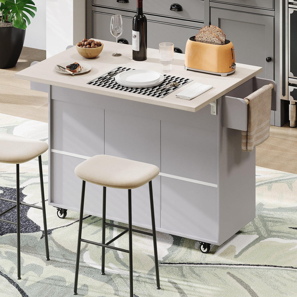 Bayfeve Kitchen Island with Trash Can Storage Cabinet, Kitchen Cart with Drop Leaf, Spice Rack, Towel Rack and Drawer, Rolling Kitchen Island on Wheels with Adjustable Shelf, Grey