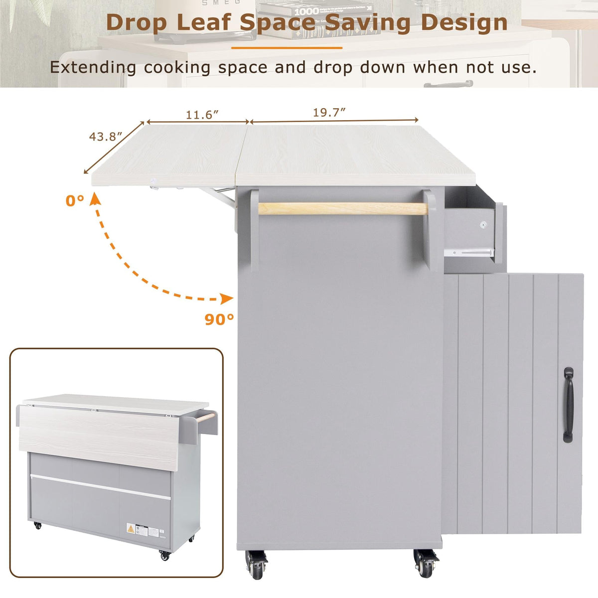 Bayfeve Kitchen Island with Trash Can Storage Cabinet, Kitchen Cart with Drop Leaf, Spice Rack, Towel Rack and Drawer, Rolling Kitchen Island on Wheels with Adjustable Shelf, Grey
