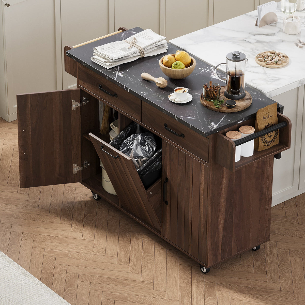 Bayfeve Kitchen Island with Trash Can Storage Cabinet, Kitchen Cart with Drop Leaf, Spice Rack, Towel Rack and Drawer, Rolling Kitchen Island on Wheels with Adjustable Shelf, Walnut Brown