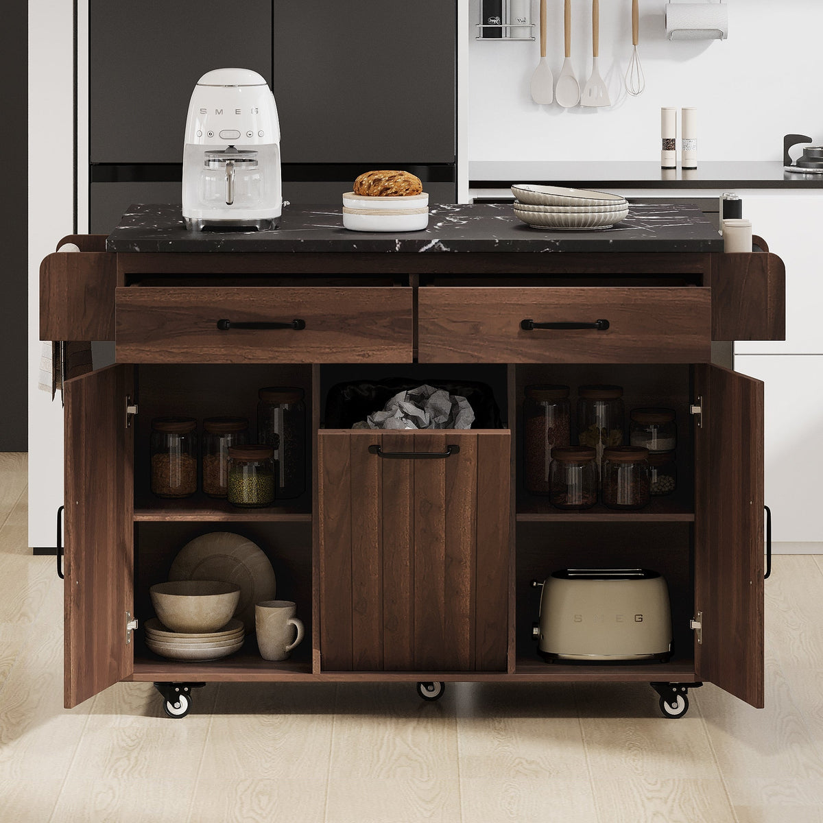 Bayfeve Kitchen Island with Trash Can Storage Cabinet, Kitchen Cart with Drop Leaf, Spice Rack, Towel Rack and Drawer, Rolling Kitchen Island on Wheels with Adjustable Shelf, Walnut Brown