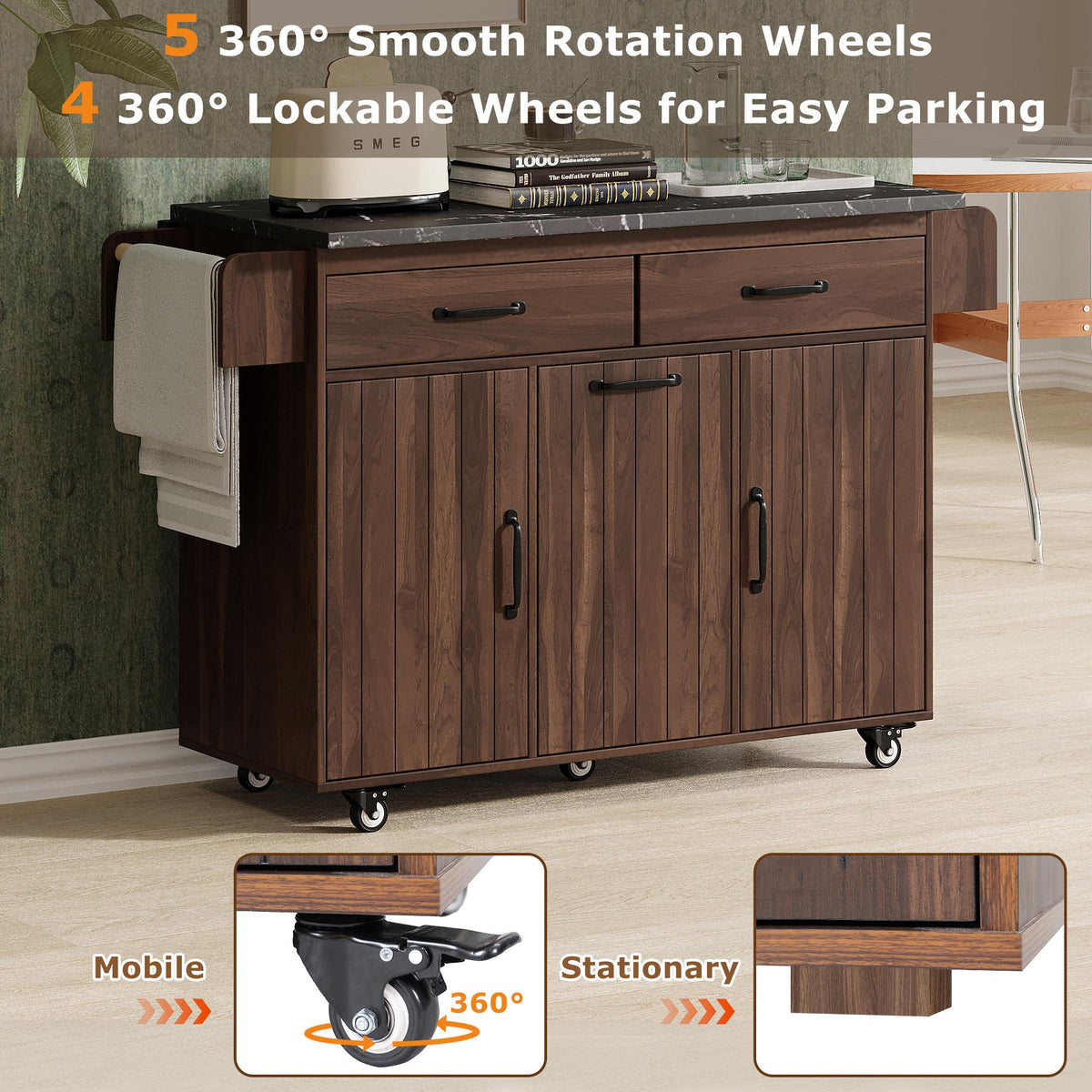 Bayfeve Kitchen Island with Trash Can Storage Cabinet, Kitchen Cart with Drop Leaf, Spice Rack, Towel Rack and Drawer, Rolling Kitchen Island on Wheels with Adjustable Shelf, Walnut Brown