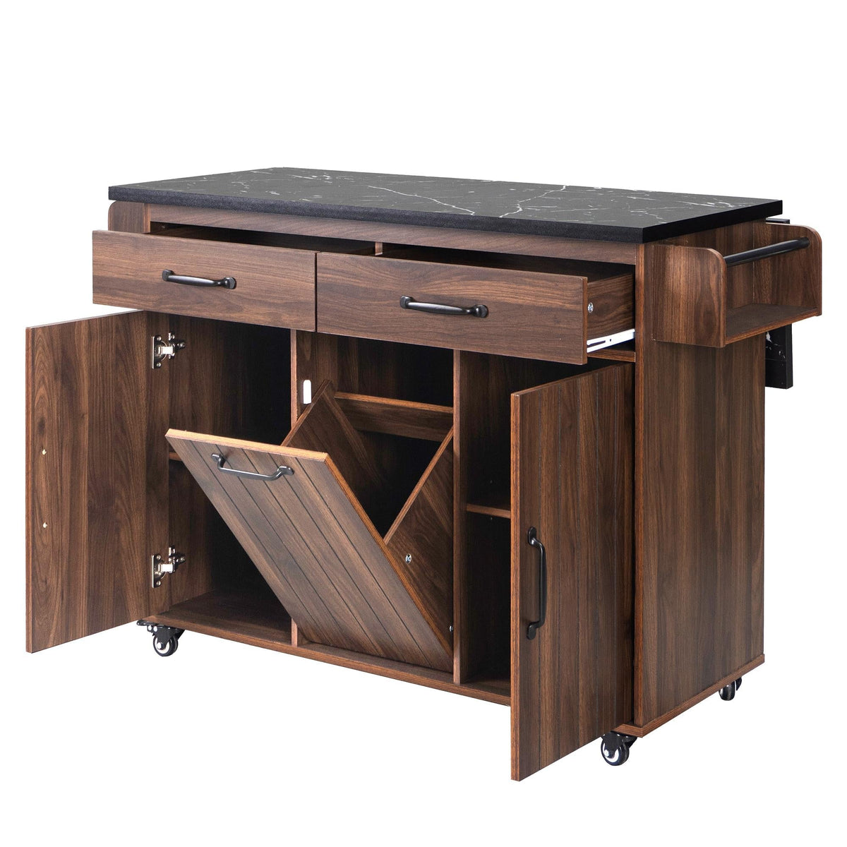 Bayfeve Kitchen Island with Trash Can Storage Cabinet, Kitchen Cart with Drop Leaf, Spice Rack, Towel Rack and Drawer, Rolling Kitchen Island on Wheels with Adjustable Shelf, Walnut Brown