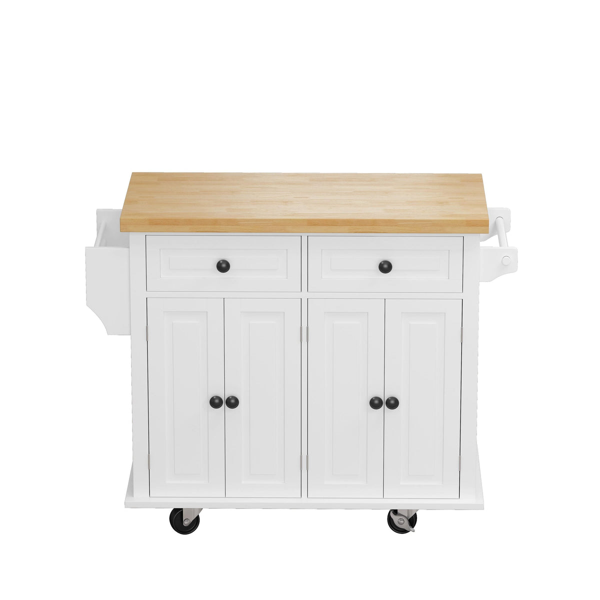 Bayfeve White 43.31 Inch Kitchen Island Cart with Two Storage Cabinets and Two Locking Wheels, 4 Door Cabinet and Two Drawers, Spice Rack, Towel Rack