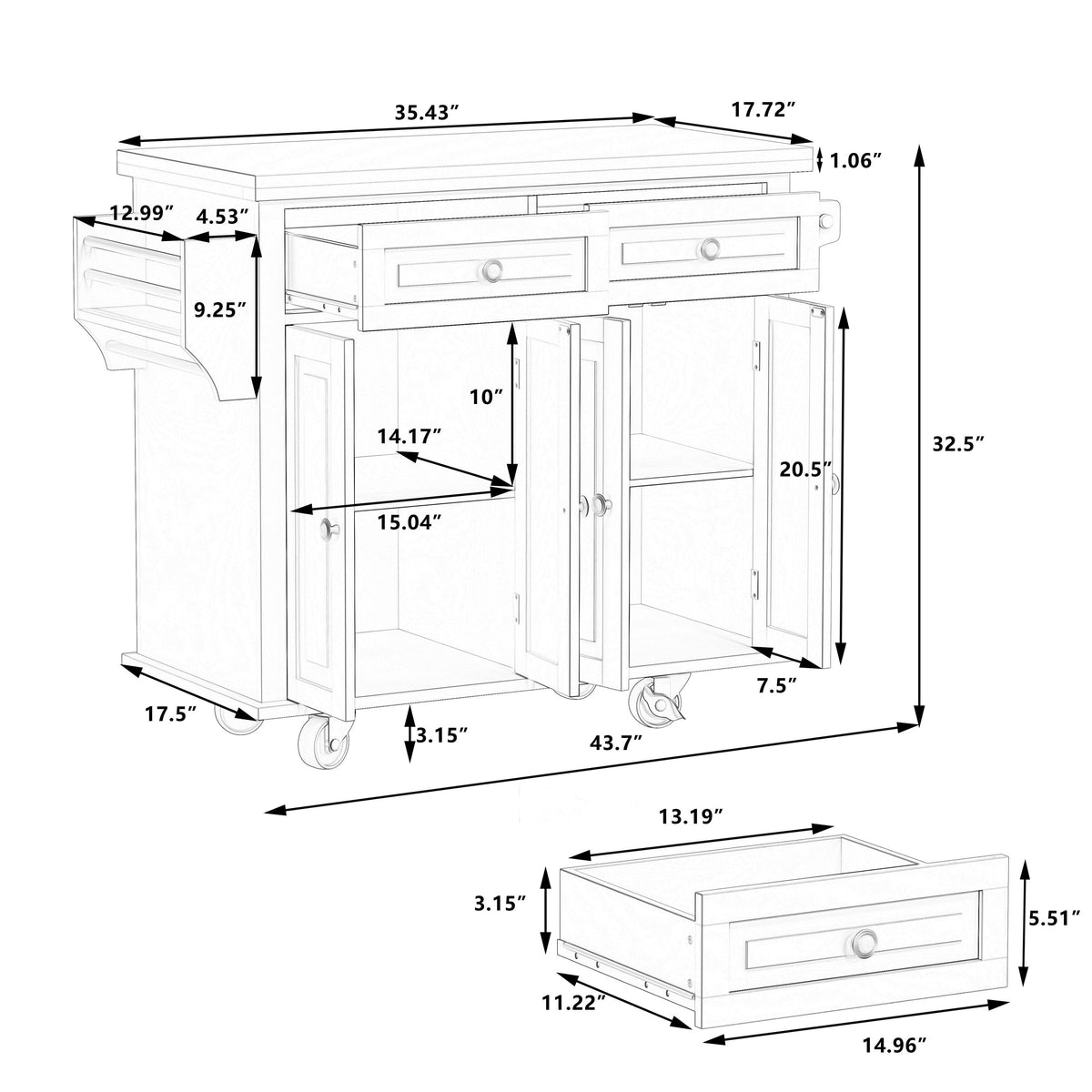 Bayfeve White 43.31 Inch Kitchen Island Cart with Two Storage Cabinets and Two Locking Wheels, 4 Door Cabinet and Two Drawers, Spice Rack, Towel Rack