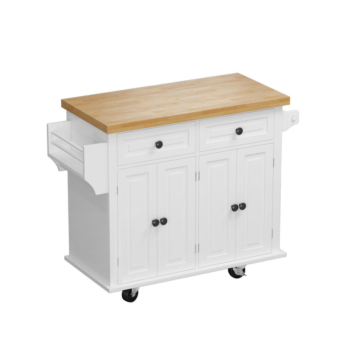 Bayfeve White 43.31 Inch Kitchen Island Cart with Two Storage Cabinets and Two Locking Wheels, 4 Door Cabinet and Two Drawers, Spice Rack, Towel Rack