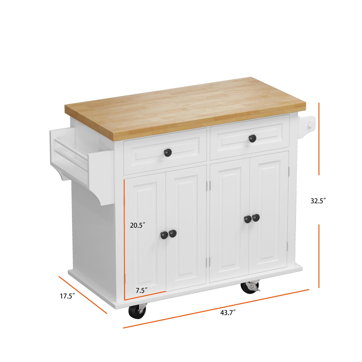 Bayfeve White 43.31 Inch Kitchen Island Cart with Two Storage Cabinets and Two Locking Wheels, 4 Door Cabinet and Two Drawers, Spice Rack, Towel Rack