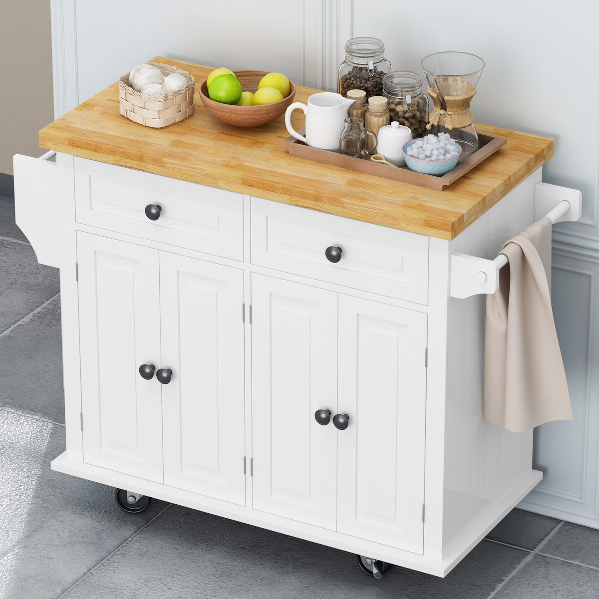 Bayfeve White 43.31 Inch Kitchen Island Cart with Two Storage Cabinets and Two Locking Wheels, 4 Door Cabinet and Two Drawers, Spice Rack, Towel Rack