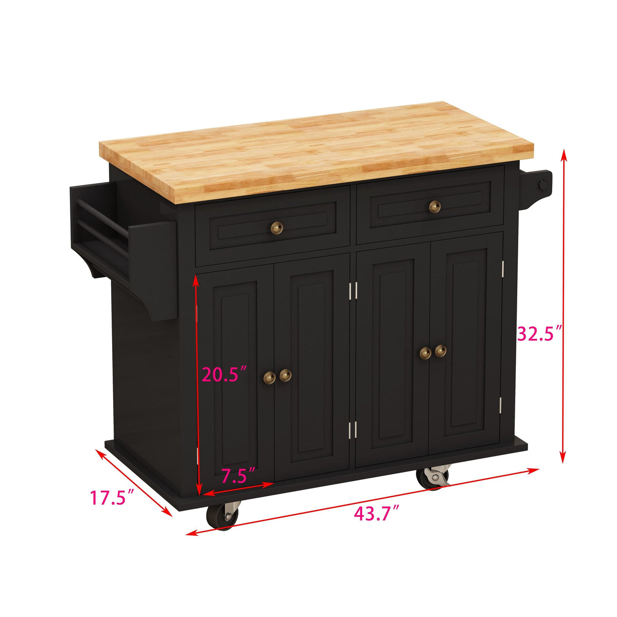Bayfeve Black 43.31 Inch Kitchen Island Cart with Two Storage Cabinets and Two Locking Wheels, 4 Door Cabinet and Two Drawers, Spice Rack, Towel Rack