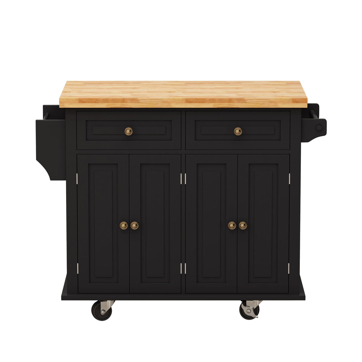 Bayfeve Black 43.31 Inch Kitchen Island Cart with Two Storage Cabinets and Two Locking Wheels, 4 Door Cabinet and Two Drawers, Spice Rack, Towel Rack