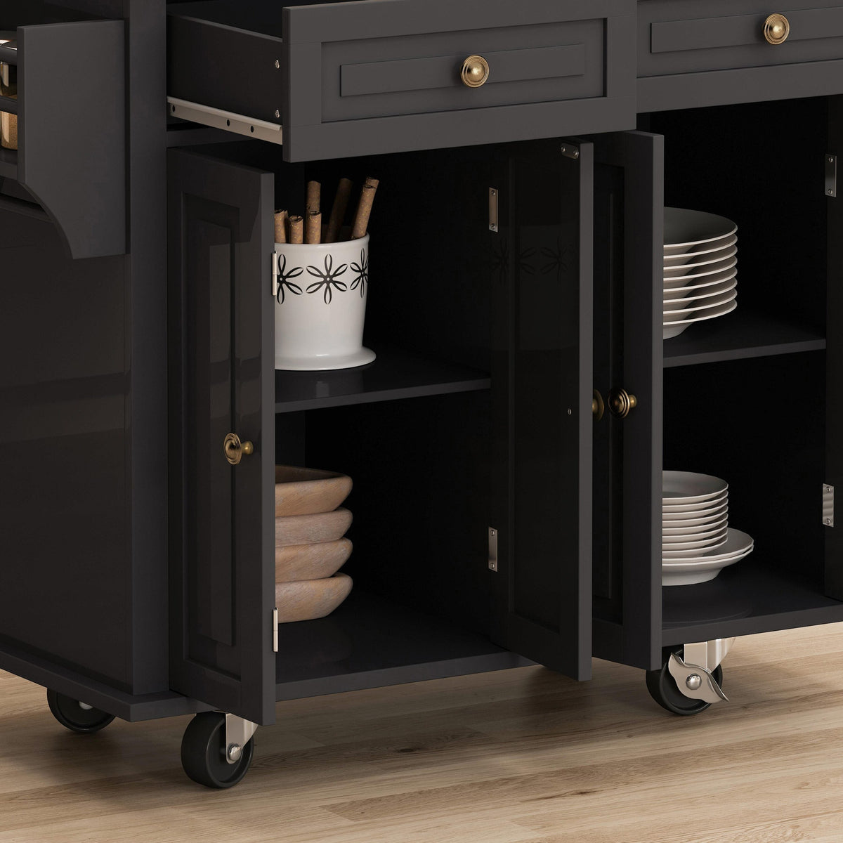 Bayfeve Black 43.31 Inch Kitchen Island Cart with Two Storage Cabinets and Two Locking Wheels, 4 Door Cabinet and Two Drawers, Spice Rack, Towel Rack