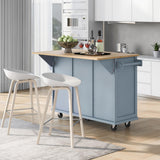 Bayfeve Grey Blue Kitchen Cart with Rubber wood Drop-Leaf Countertop ,Cabinet door internal storage racks,Kitchen Island on 5 Wheels with Storage Cabinet and 3 Drawers for Dinning Room