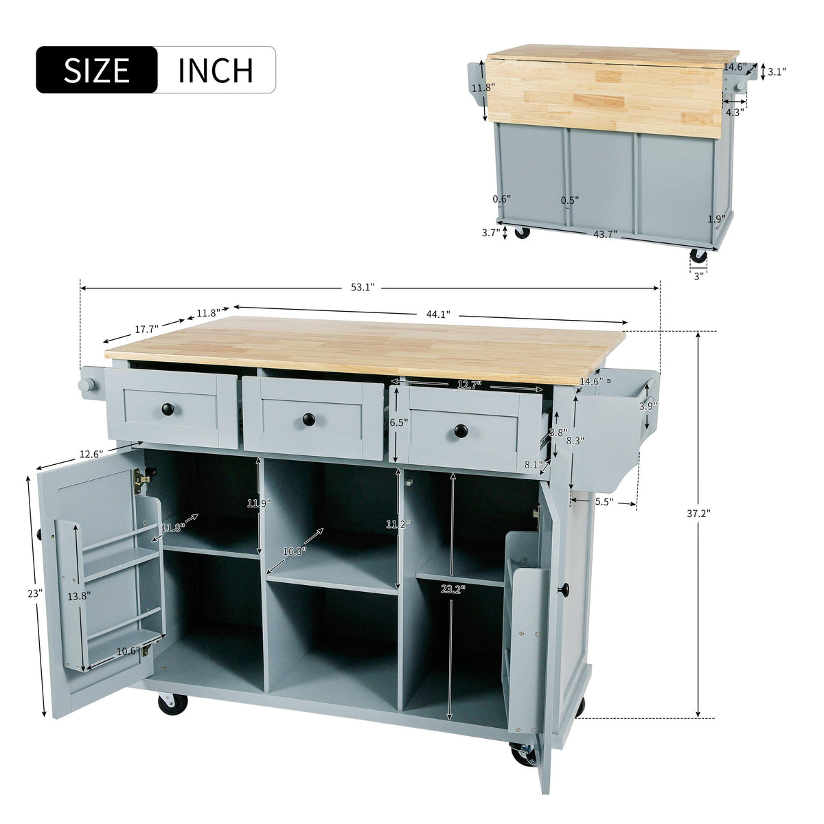 Bayfeve Grey Blue Kitchen Cart with Rubber wood Drop-Leaf Countertop ,Cabinet door internal storage racks,Kitchen Island on 5 Wheels with Storage Cabinet and 3 Drawers for Dinning Room