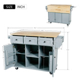 Bayfeve Grey Blue Kitchen Cart with Rubber wood Drop-Leaf Countertop ,Cabinet door internal storage racks,Kitchen Island on 5 Wheels with Storage Cabinet and 3 Drawers for Dinning Room