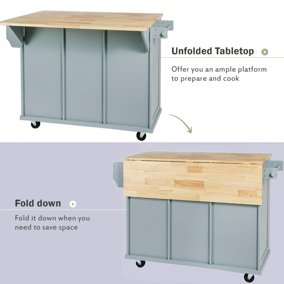 Bayfeve Grey Blue Kitchen Cart with Rubber wood Drop-Leaf Countertop ,Cabinet door internal storage racks,Kitchen Island on 5 Wheels with Storage Cabinet and 3 Drawers for Dinning Room