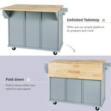 Bayfeve Grey Blue Kitchen Cart with Rubber wood Drop-Leaf Countertop ,Cabinet door internal storage racks,Kitchen Island on 5 Wheels with Storage Cabinet and 3 Drawers for Dinning Room