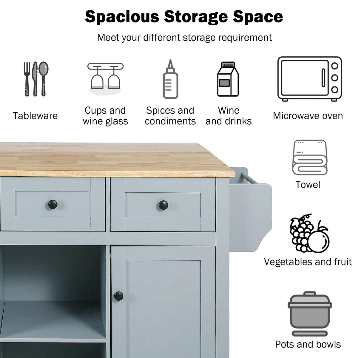 Bayfeve Grey Blue Kitchen Cart with Rubber wood Drop-Leaf Countertop ,Cabinet door internal storage racks,Kitchen Island on 5 Wheels with Storage Cabinet and 3 Drawers for Dinning Room