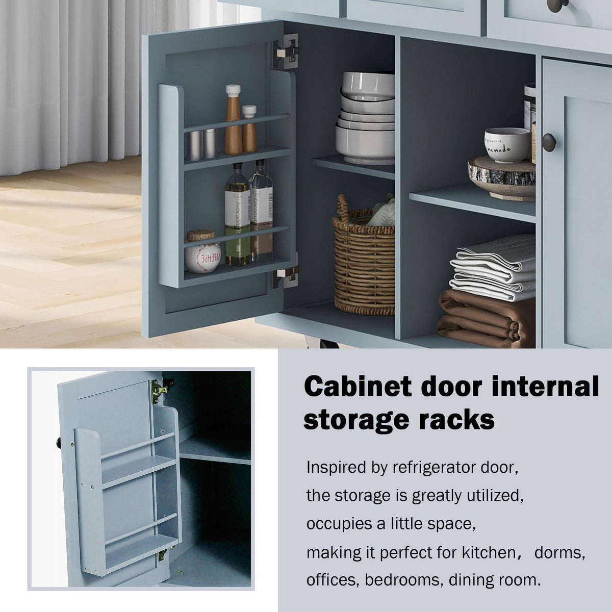 Bayfeve Grey Blue Kitchen Cart with Rubber wood Drop-Leaf Countertop ,Cabinet door internal storage racks,Kitchen Island on 5 Wheels with Storage Cabinet and 3 Drawers for Dinning Room