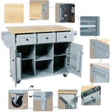 Bayfeve Grey Blue Kitchen Cart with Rubber wood Drop-Leaf Countertop ,Cabinet door internal storage racks,Kitchen Island on 5 Wheels with Storage Cabinet and 3 Drawers for Dinning Room