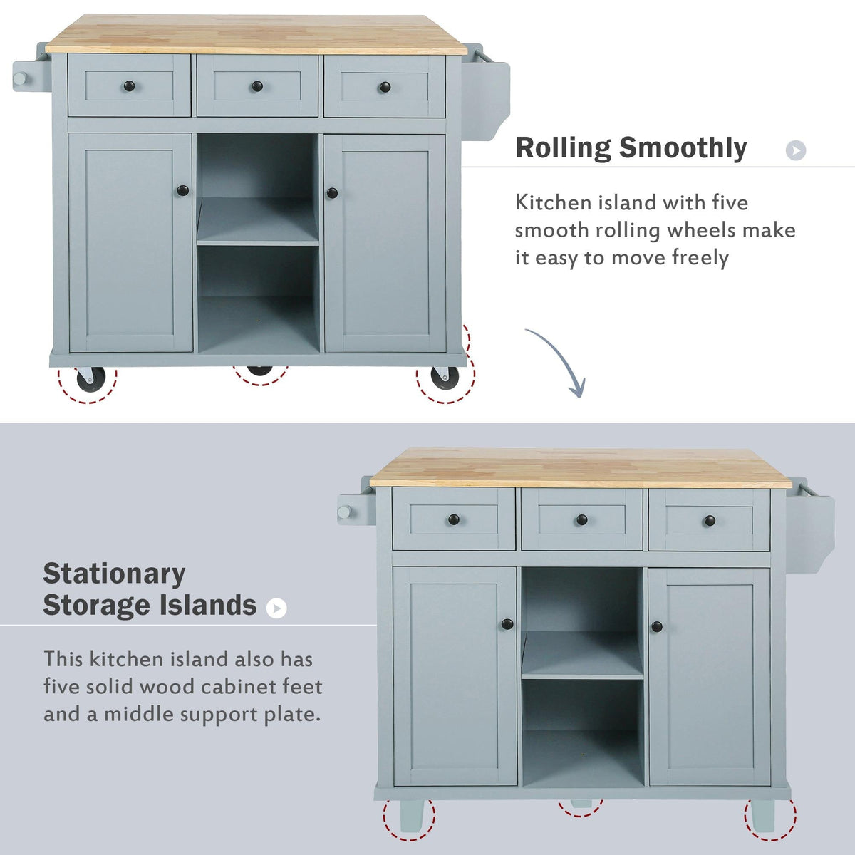 Bayfeve Grey Blue Kitchen Cart with Rubber wood Drop-Leaf Countertop ,Cabinet door internal storage racks,Kitchen Island on 5 Wheels with Storage Cabinet and 3 Drawers for Dinning Room