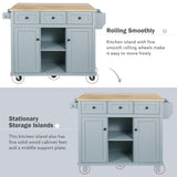 Bayfeve Grey Blue Kitchen Cart with Rubber wood Drop-Leaf Countertop ,Cabinet door internal storage racks,Kitchen Island on 5 Wheels with Storage Cabinet and 3 Drawers for Dinning Room
