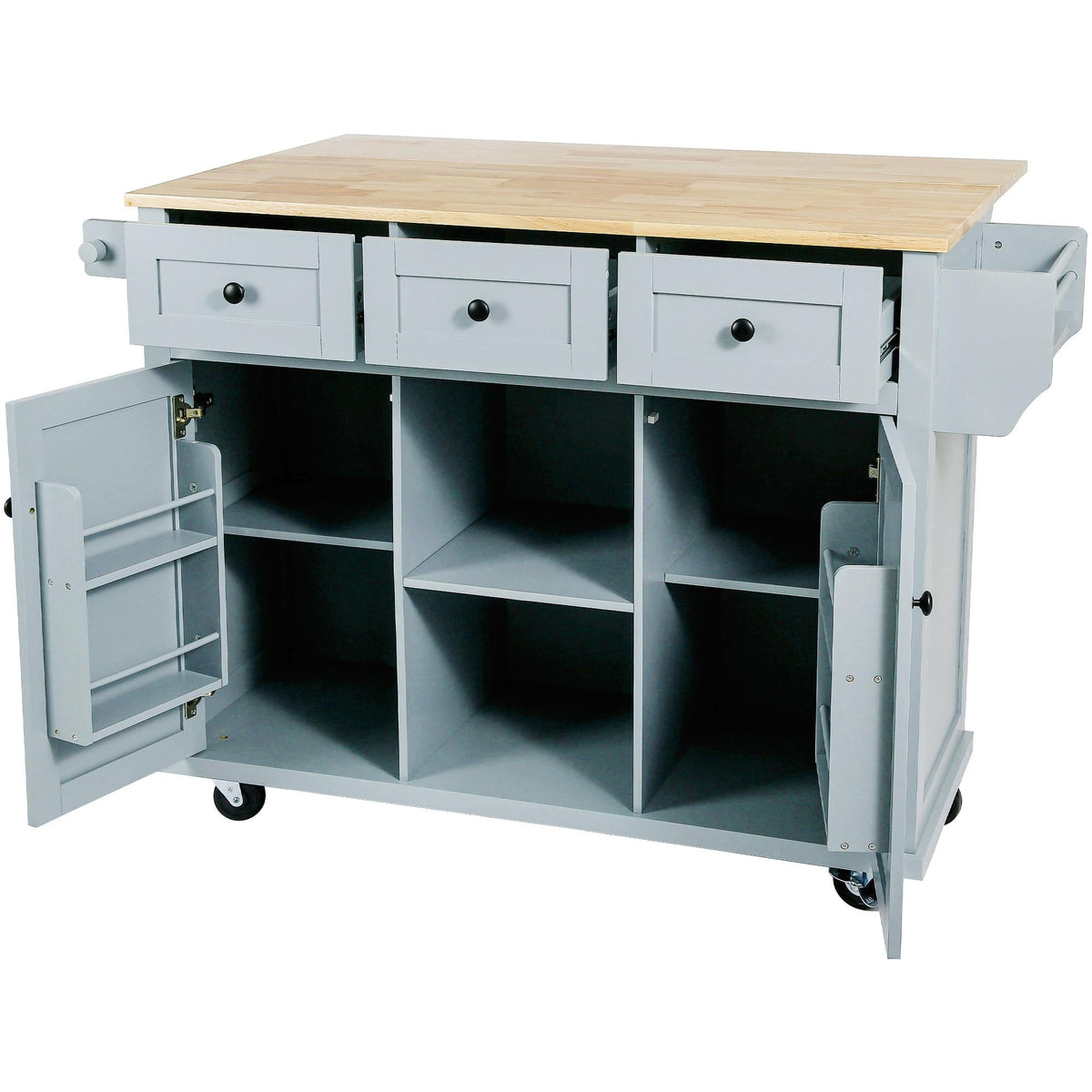 Bayfeve Grey Blue Kitchen Cart with Rubber wood Drop-Leaf Countertop ,Cabinet door internal storage racks,Kitchen Island on 5 Wheels with Storage Cabinet and 3 Drawers for Dinning Room