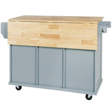 Bayfeve Grey Blue Kitchen Cart with Rubber wood Drop-Leaf Countertop ,Cabinet door internal storage racks,Kitchen Island on 5 Wheels with Storage Cabinet and 3 Drawers for Dinning Room