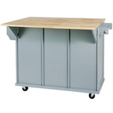 Bayfeve Grey Blue Kitchen Cart with Rubber wood Drop-Leaf Countertop ,Cabinet door internal storage racks,Kitchen Island on 5 Wheels with Storage Cabinet and 3 Drawers for Dinning Room
