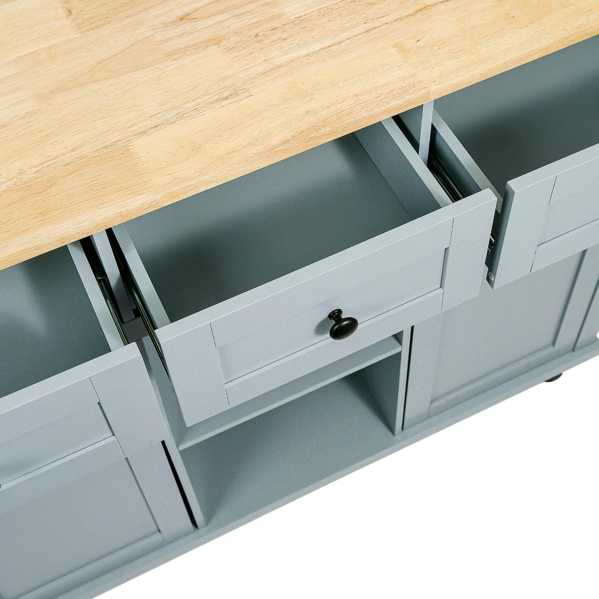 Bayfeve Grey Blue Kitchen Cart with Rubber wood Drop-Leaf Countertop ,Cabinet door internal storage racks,Kitchen Island on 5 Wheels with Storage Cabinet and 3 Drawers for Dinning Room