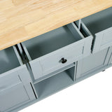Bayfeve Grey Blue Kitchen Cart with Rubber wood Drop-Leaf Countertop ,Cabinet door internal storage racks,Kitchen Island on 5 Wheels with Storage Cabinet and 3 Drawers for Dinning Room
