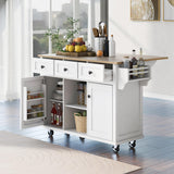 Bayfeve White Kitchen Cart with Rubber wood Drop-Leaf Countertop ,Cabinet door internal storage racks,Kitchen Island on 5 Wheels with Storage Cabinet and 3 Drawers for Dinning Room