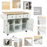 Bayfeve White Kitchen Cart with Rubber wood Drop-Leaf Countertop ,Cabinet door internal storage racks,Kitchen Island on 5 Wheels with Storage Cabinet and 3 Drawers for Dinning Room