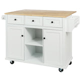 Bayfeve White Kitchen Cart with Rubber wood Drop-Leaf Countertop ,Cabinet door internal storage racks,Kitchen Island on 5 Wheels with Storage Cabinet and 3 Drawers for Dinning Room