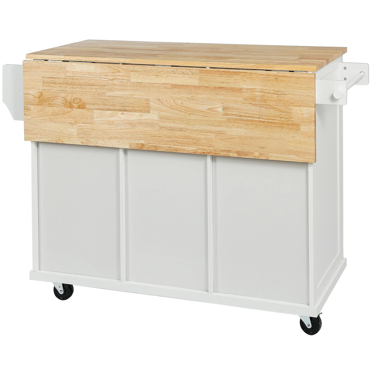 Bayfeve White Kitchen Cart with Rubber wood Drop-Leaf Countertop ,Cabinet door internal storage racks,Kitchen Island on 5 Wheels with Storage Cabinet and 3 Drawers for Dinning Room
