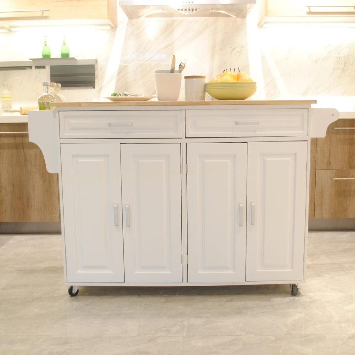 Bayfeve Kitchen Island  Kitchen Cart, Mobile Kitchen Island, Rubber Wood Top, Big  Adjustable Shelf Inside Cabinet for Different Utensils
