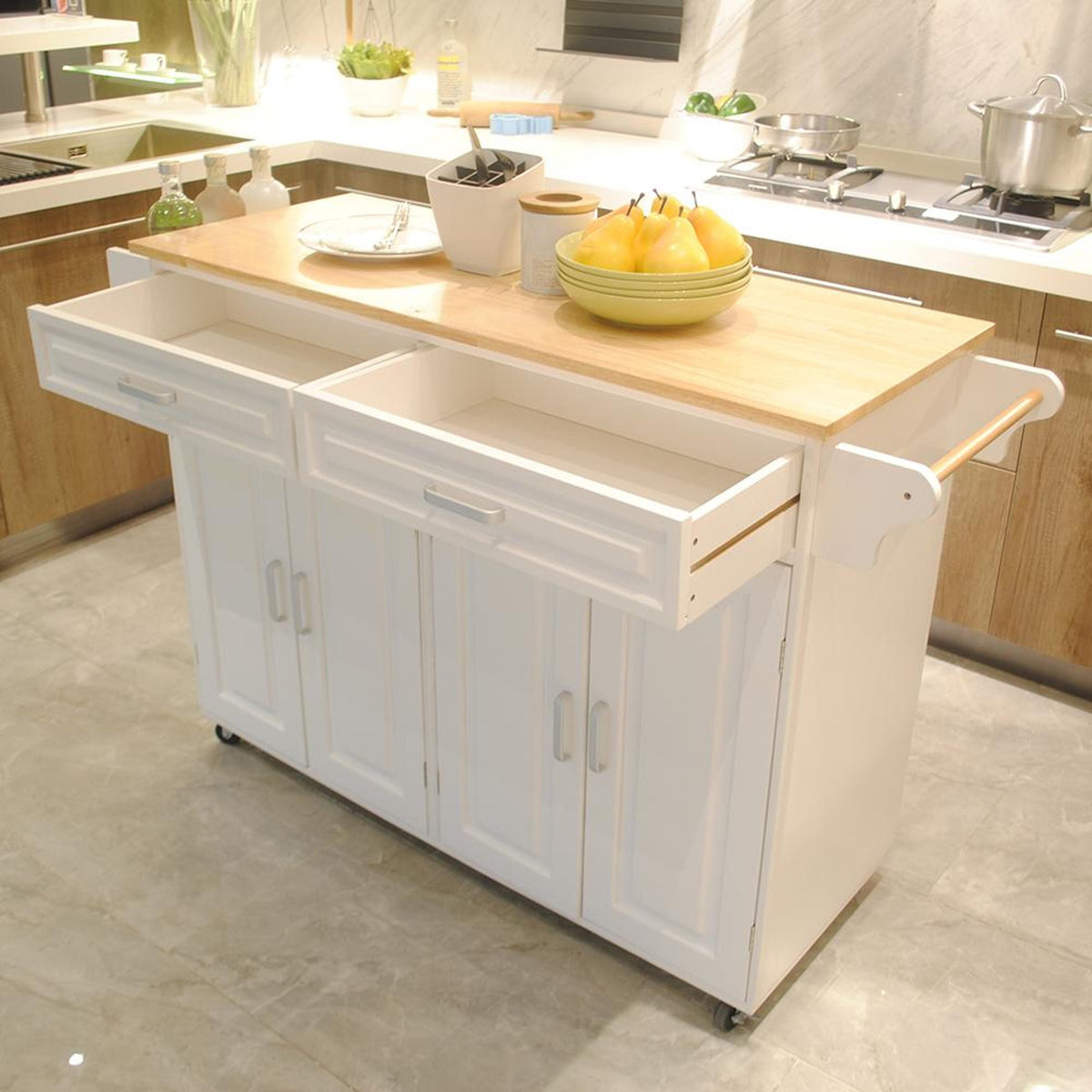 Bayfeve Kitchen Island  Kitchen Cart, Mobile Kitchen Island, Rubber Wood Top, Big  Adjustable Shelf Inside Cabinet for Different Utensils