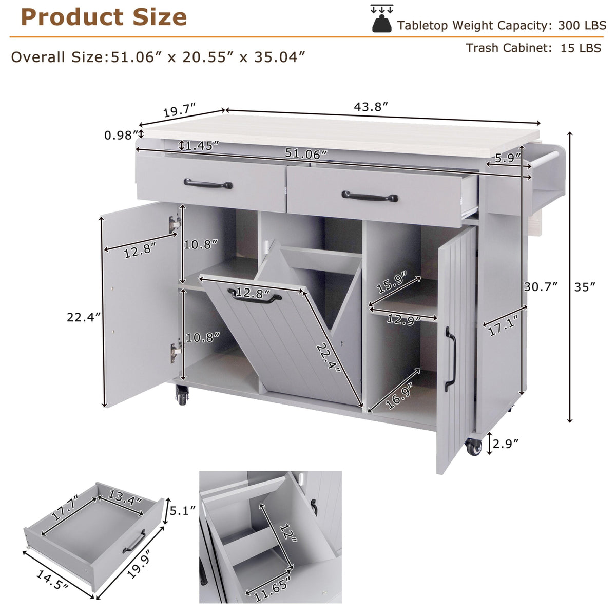 Bayfeve Kitchen Island with Trash Can Storage Cabinet, Kitchen Cart with Drop Leaf, Spice Rack, Towel Rack and Drawer, Rolling Kitchen Island on Wheels with Adjustable Shelf, Grey