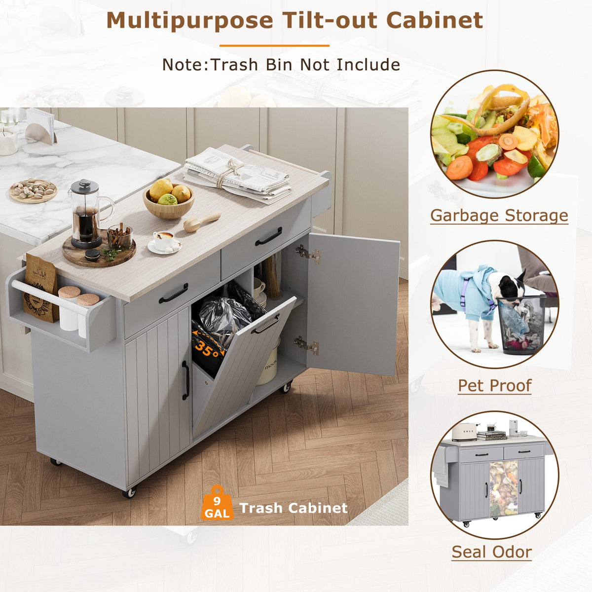 Bayfeve Kitchen Island with Trash Can Storage Cabinet, Kitchen Cart with Drop Leaf, Spice Rack, Towel Rack and Drawer, Rolling Kitchen Island on Wheels with Adjustable Shelf, Grey