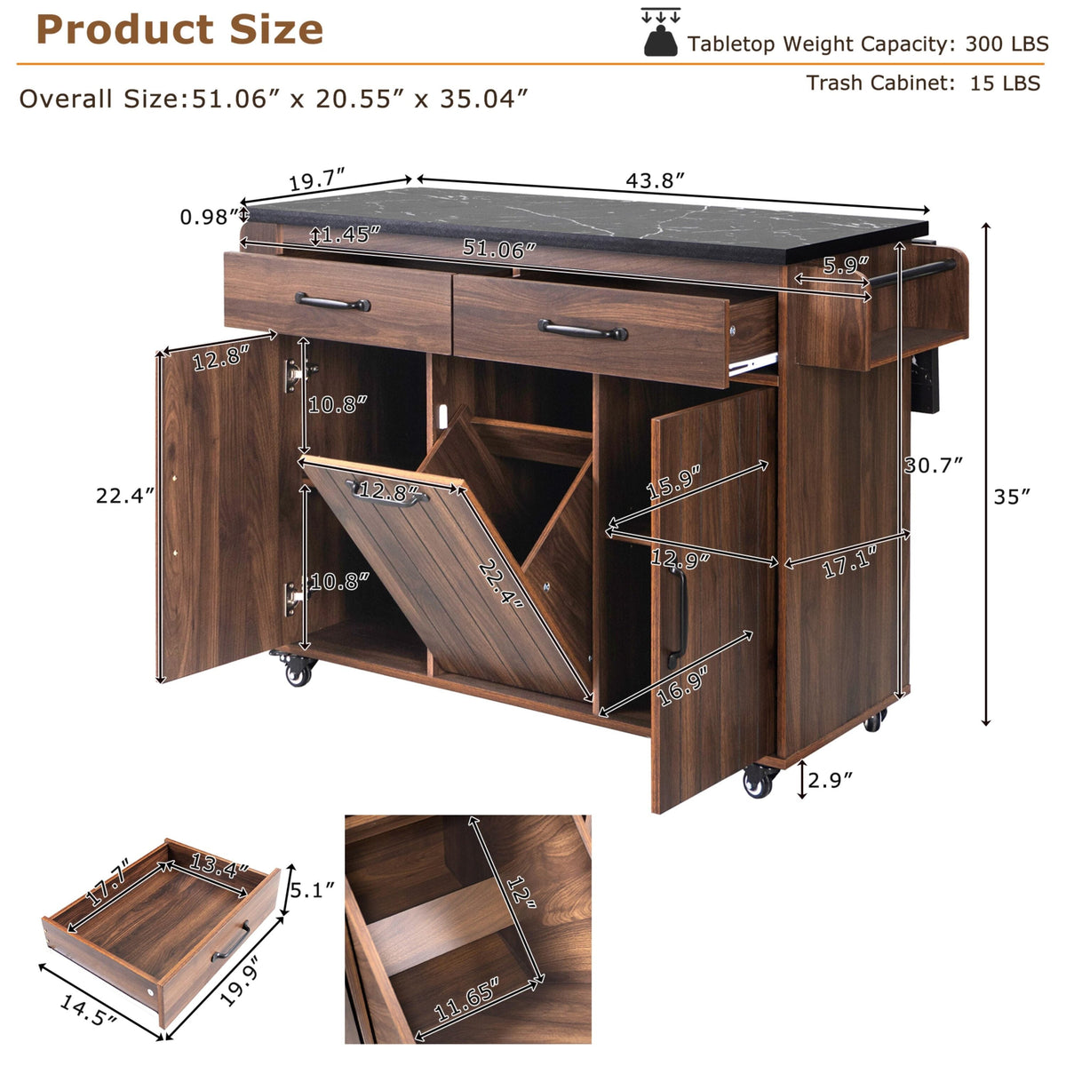 Bayfeve Kitchen Island with Trash Can Storage Cabinet, Kitchen Cart with Drop Leaf, Spice Rack, Towel Rack and Drawer, Rolling Kitchen Island on Wheels with Adjustable Shelf, Walnut Brown