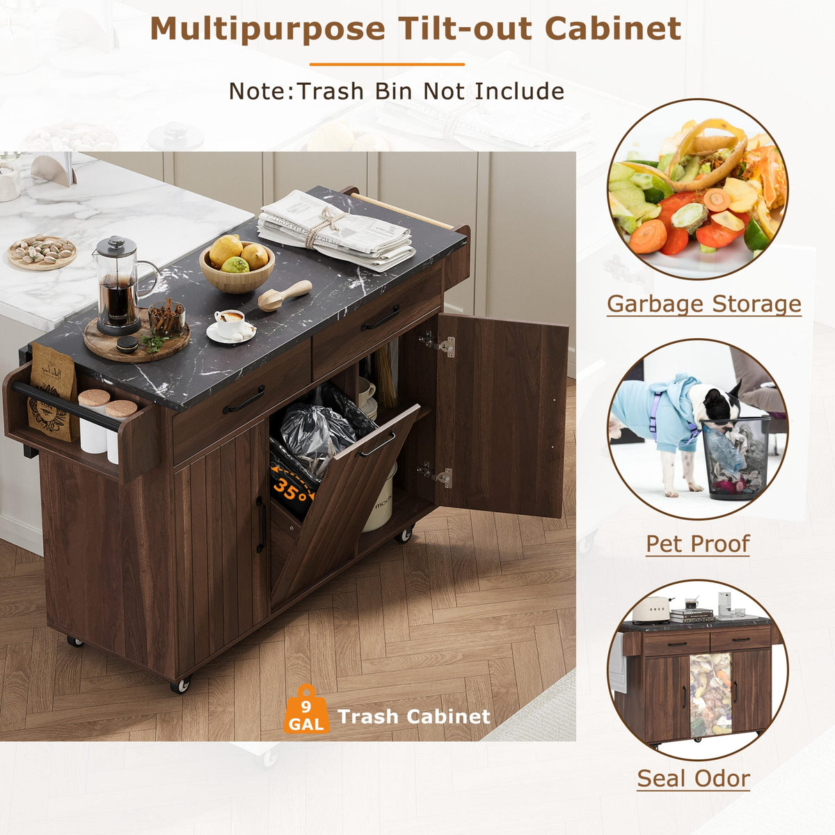 Bayfeve Kitchen Island with Trash Can Storage Cabinet, Kitchen Cart with Drop Leaf, Spice Rack, Towel Rack and Drawer, Rolling Kitchen Island on Wheels with Adjustable Shelf, Walnut Brown