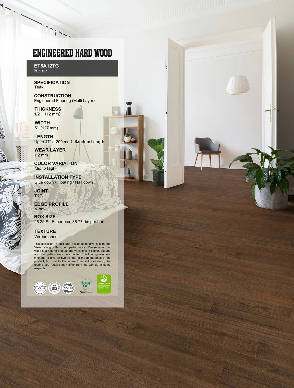allen + roth Teak Rome hardwood flooring — carton and plank detail