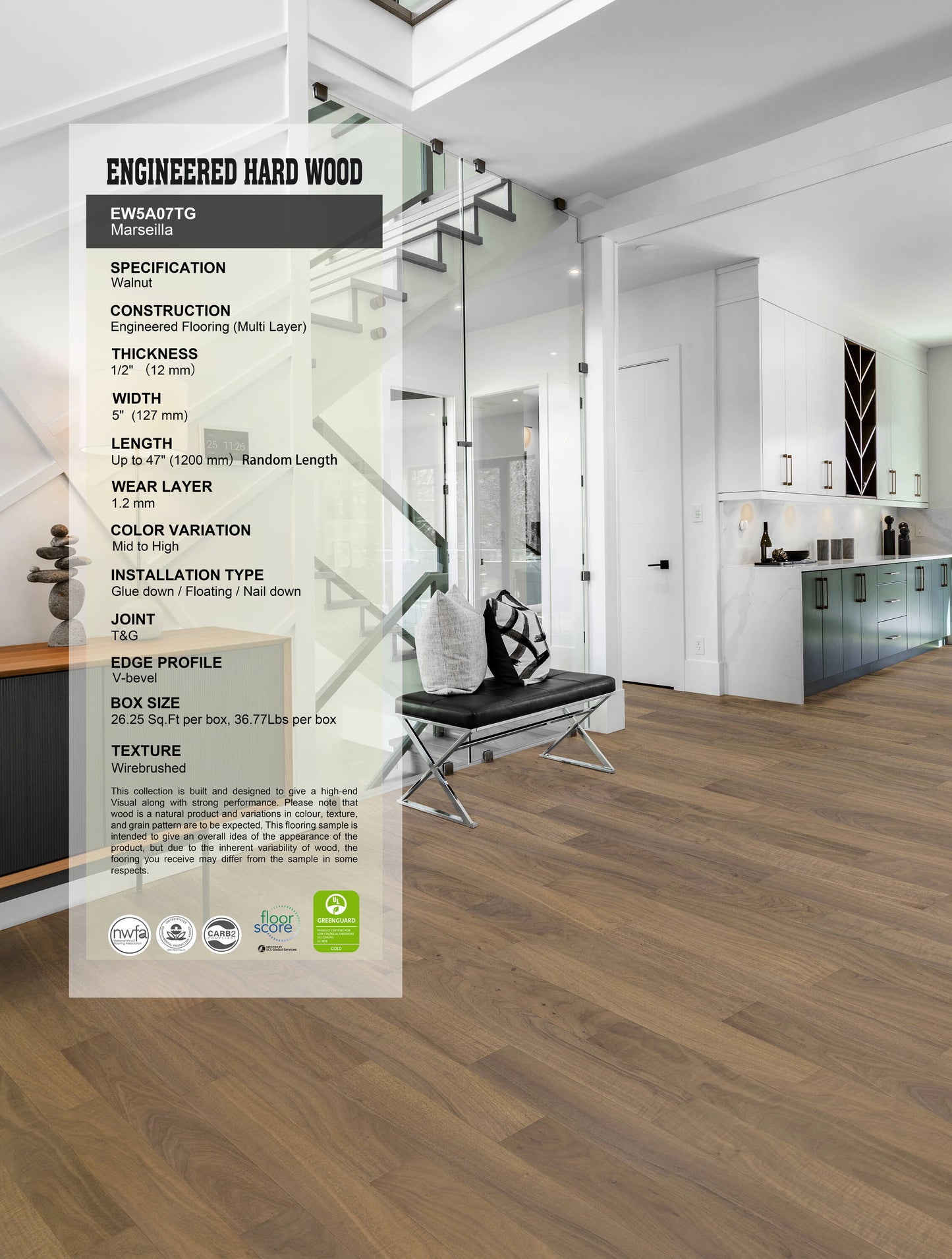 allen + roth Walnut Marseilla hardwood flooring — carton and plank detail
