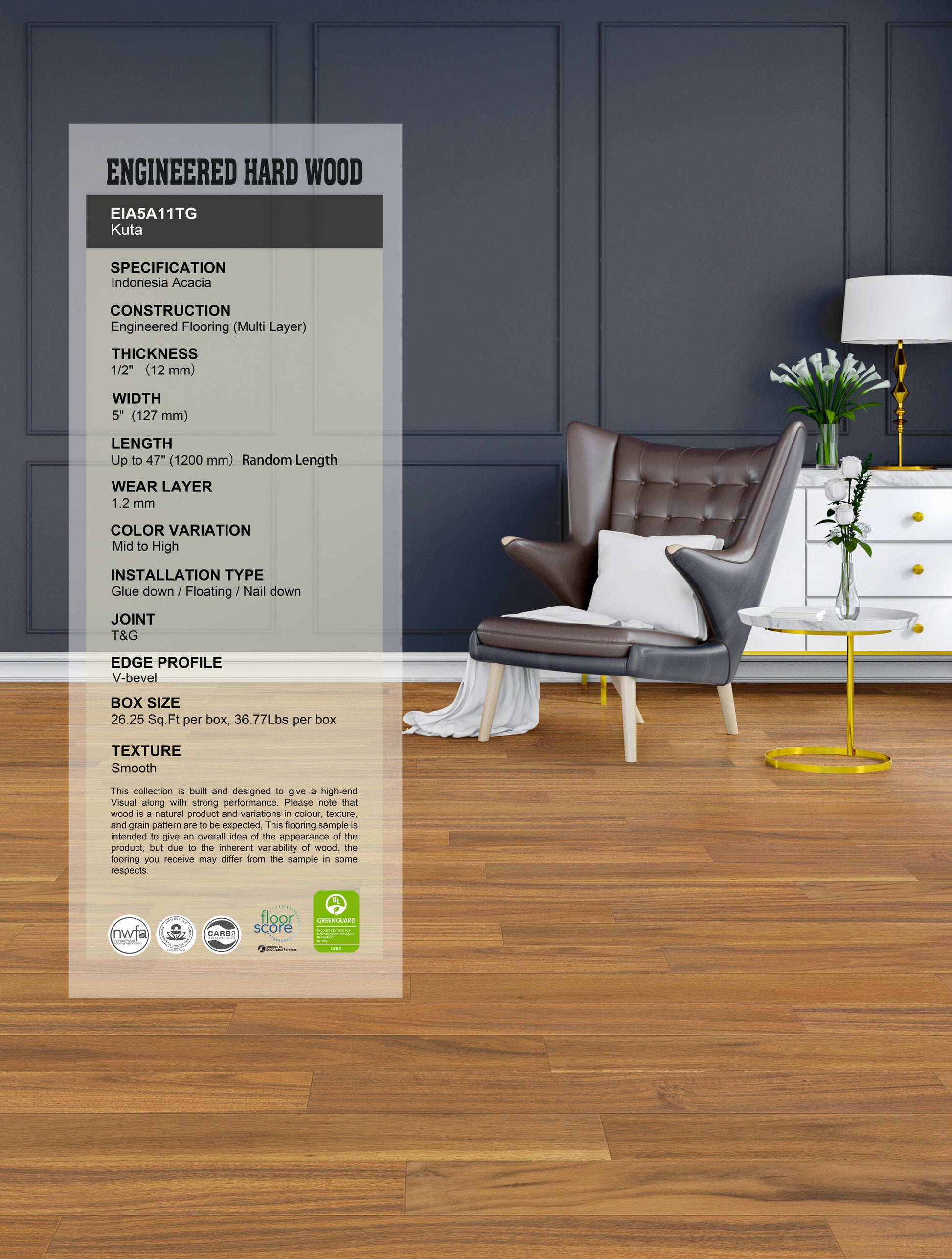 allen + roth Acacia Kuta hardwood flooring — carton and plank detail