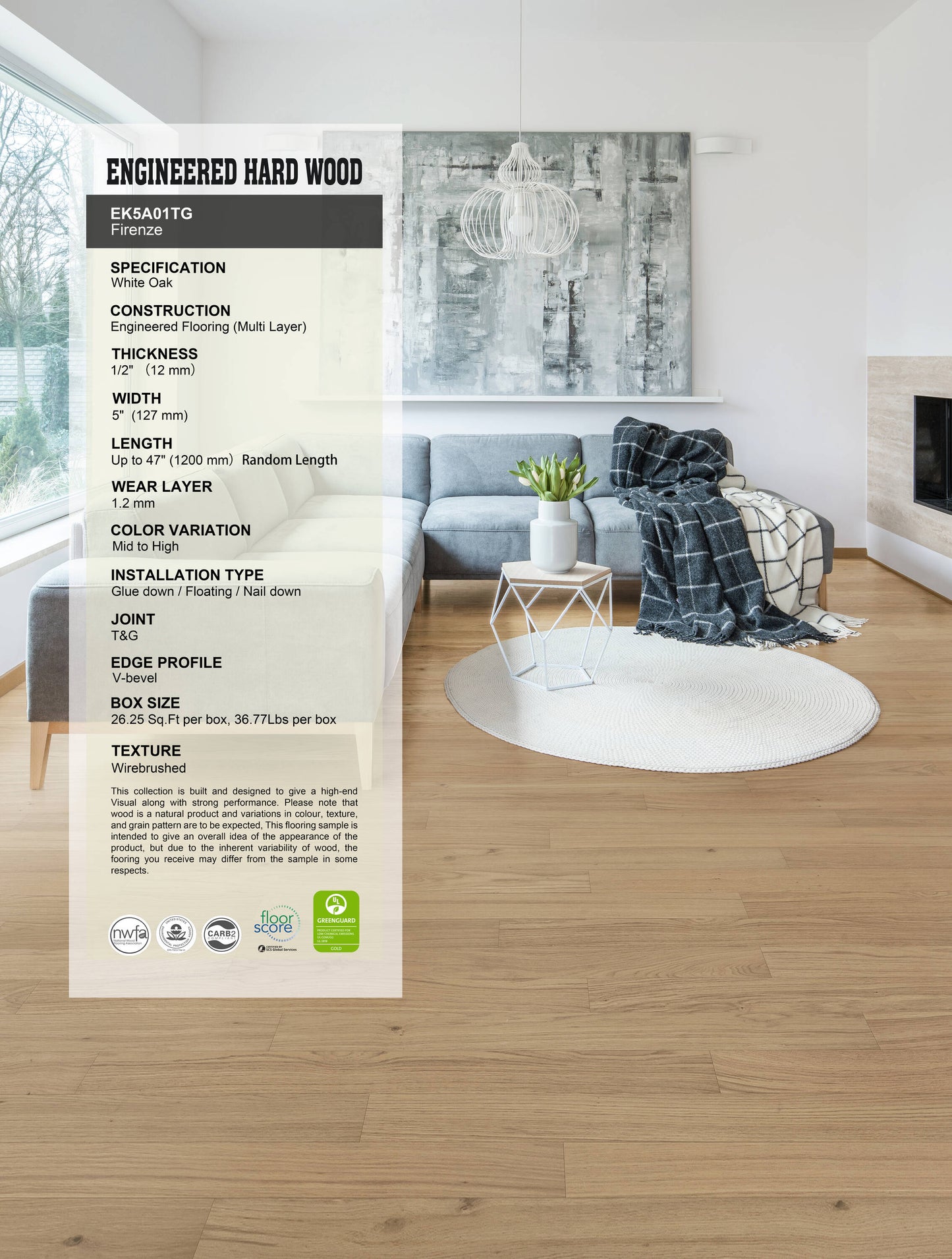 allen + roth White oak Firenze hardwood flooring — carton and plank detail