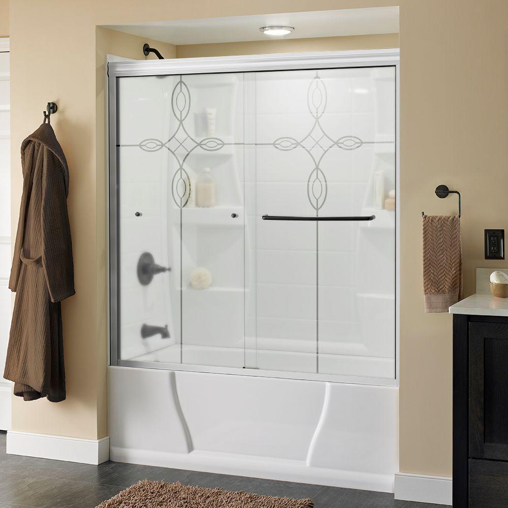 Simplicity 60 in. x 58-1/8 in. Semi-Frameless Traditional Sliding Bathtub Door in Bronze with Niebla Glass - Super Arbor