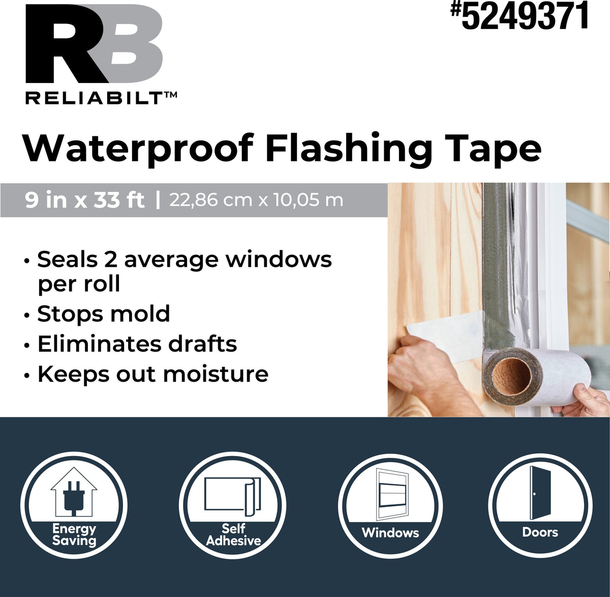 RELIABILT Self-Adhesive Waterproof Flashing Tape, 9 in x 33 ft, Silver Rubberized Asphalt Roll, 9-Pack