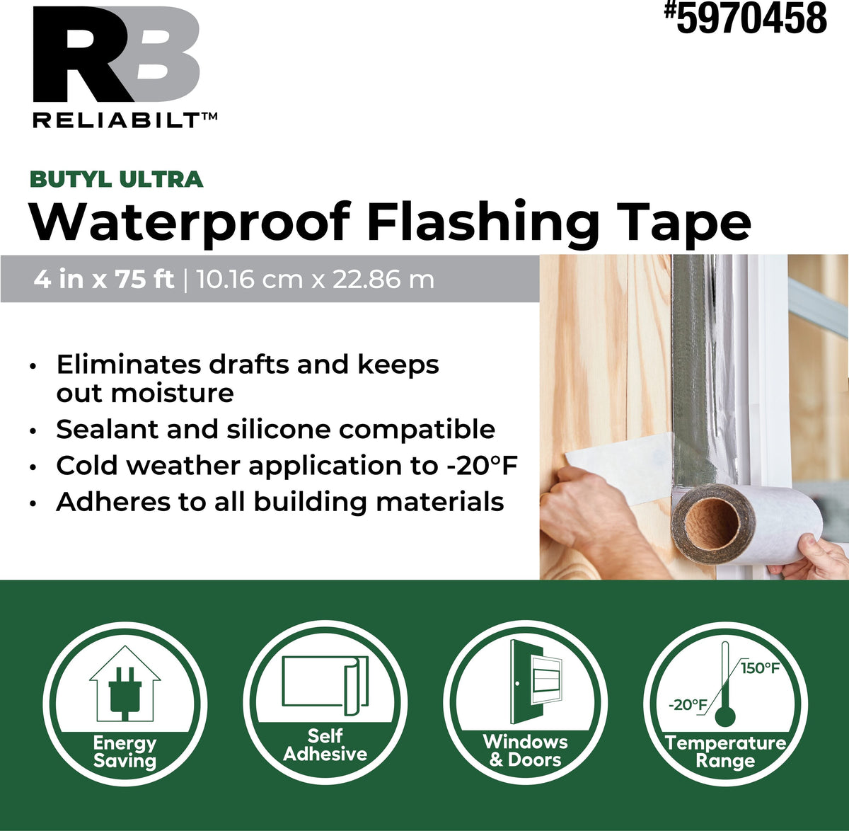 RELIABILT Butyl Ultra Waterproof Flashing Tape, Self-Adhesive – 4 in x 75 ft, White